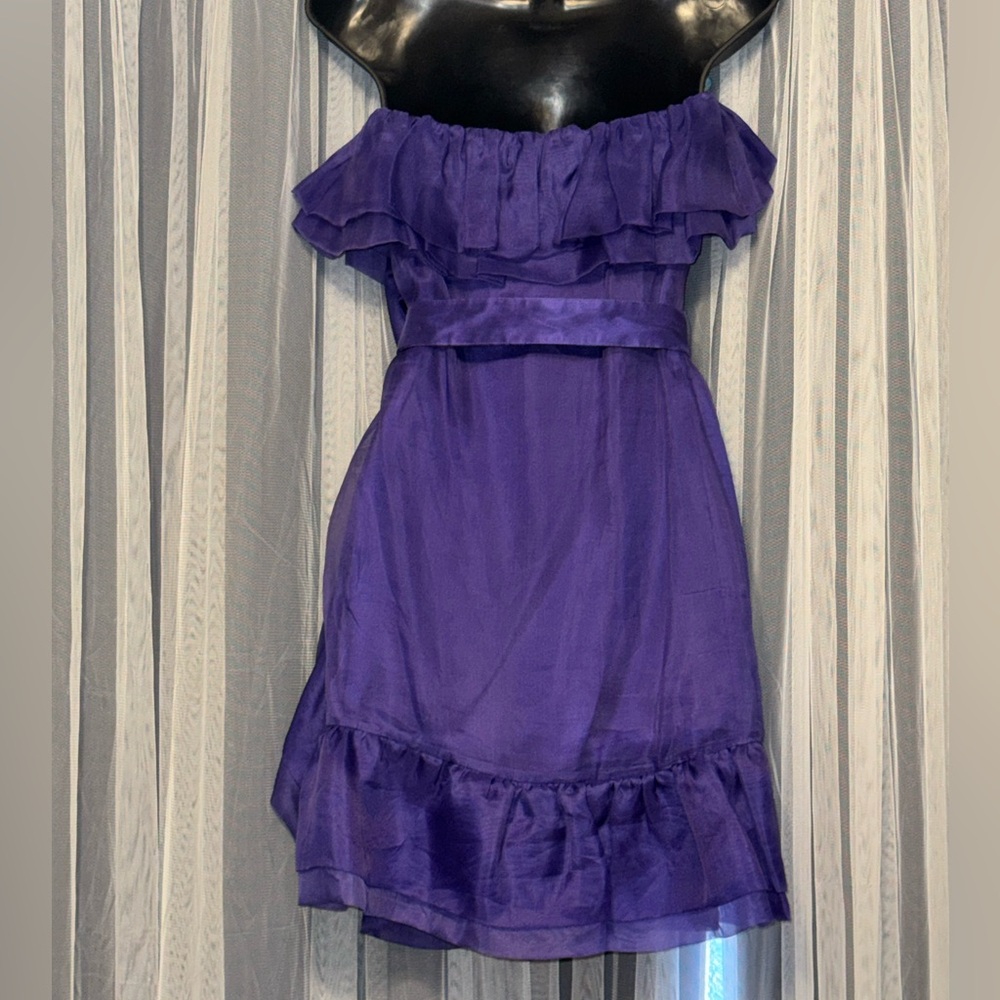 Marciano Strapless 100% Silk Purple Dress with Ruffles, XS Extra Small - Picture 2 of 4